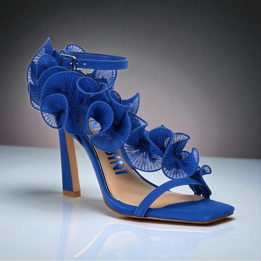Gianni Bini FRANZ Suede Chiffon Ruffle Dress Sandal Electric Blue